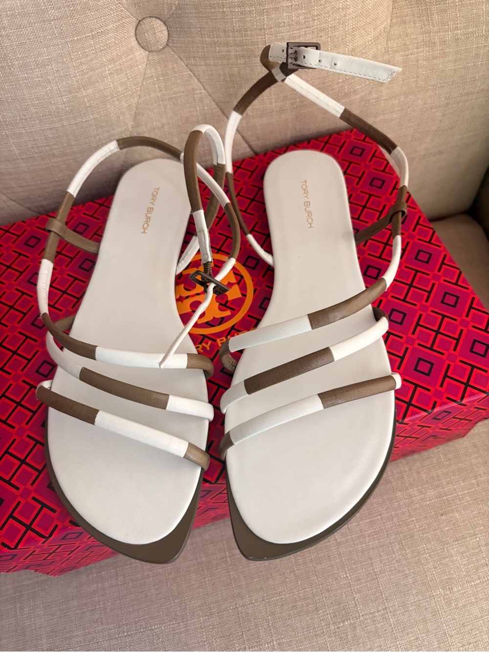 Tory Burch White and Brown Strappy Ankle-Tie Flat Sandals-NEW!